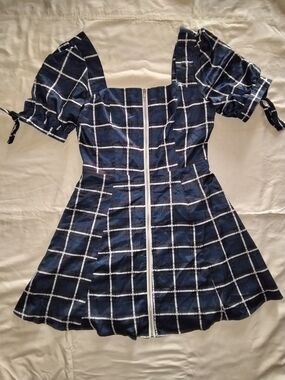 Aqua Navy and White Windowpane Square-Neck Dress